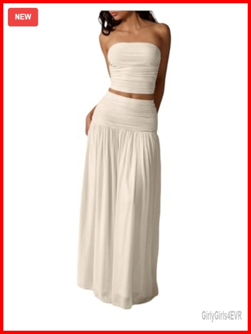 2 Piece Skirt Set Strapless Ruched Crop Tube Top & Flowy Maxi Skirt